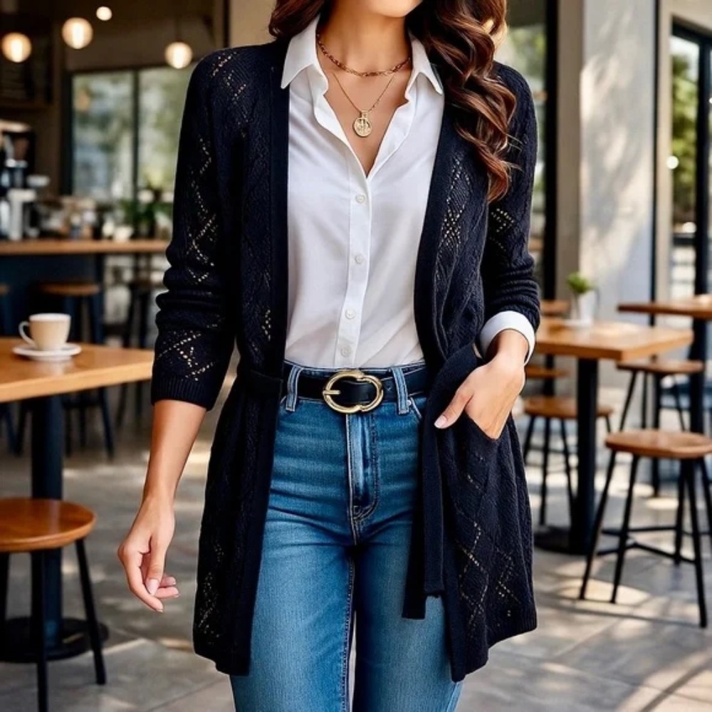 Black Pointelle Knit Wrap Sweater Long Sleeve Tie Waist Cardigan Top XS